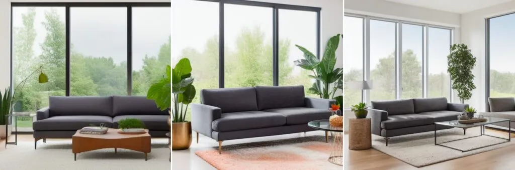 “a photo of a room with a [V] sofa and large windows and plants”