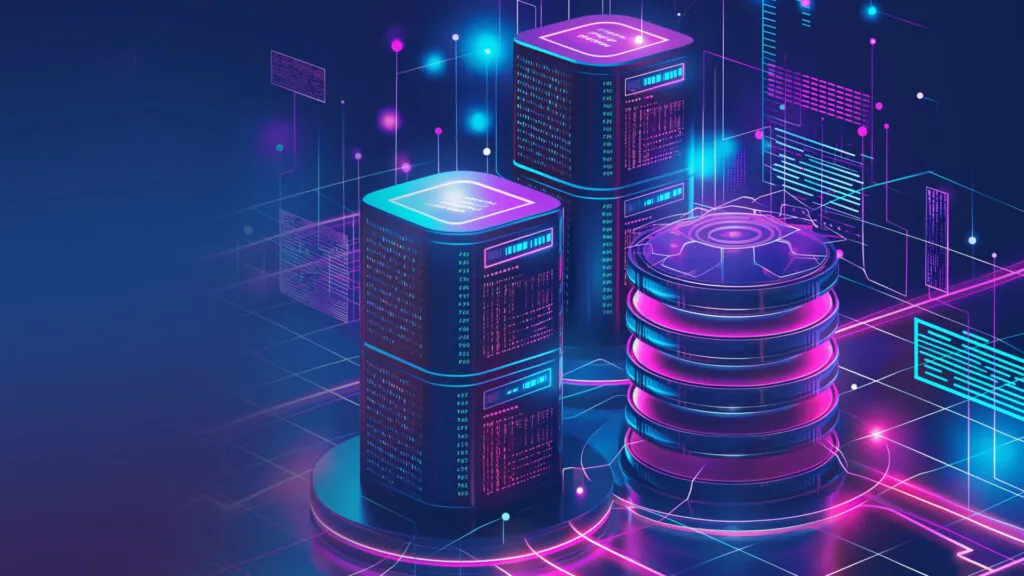 Futuristic neon-lit server units in a digital, sci-fi environment with glowing purple and blue accents.