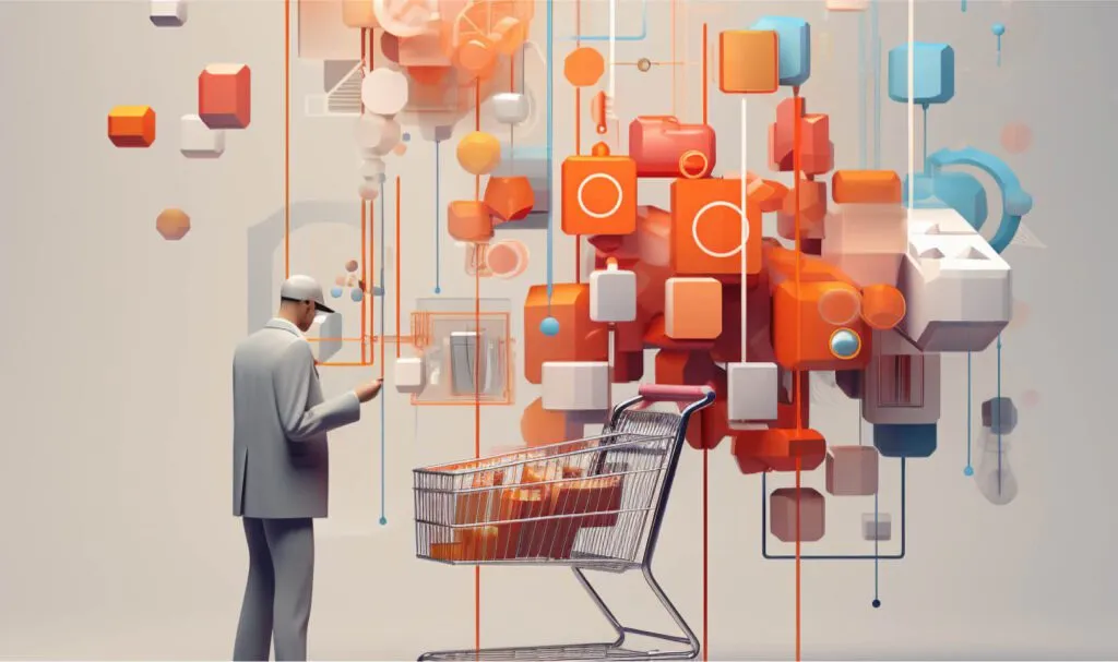 A man stands by a shopping cart, surrounded by floating abstract geometric shapes.