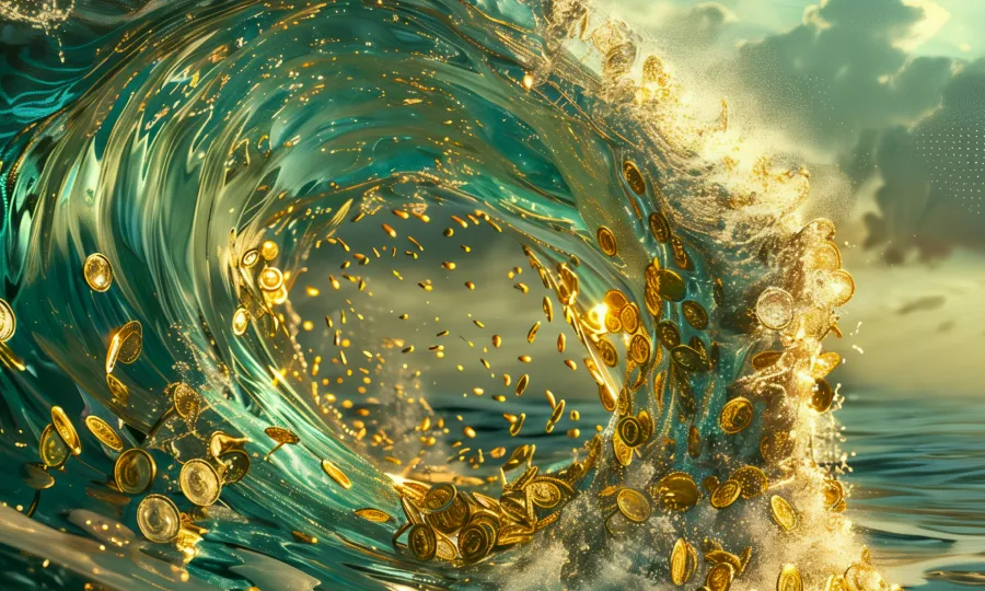 Golden coins swirling in a powerful ocean wave