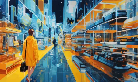 A woman in a yellow coat with a black hand in a shop
