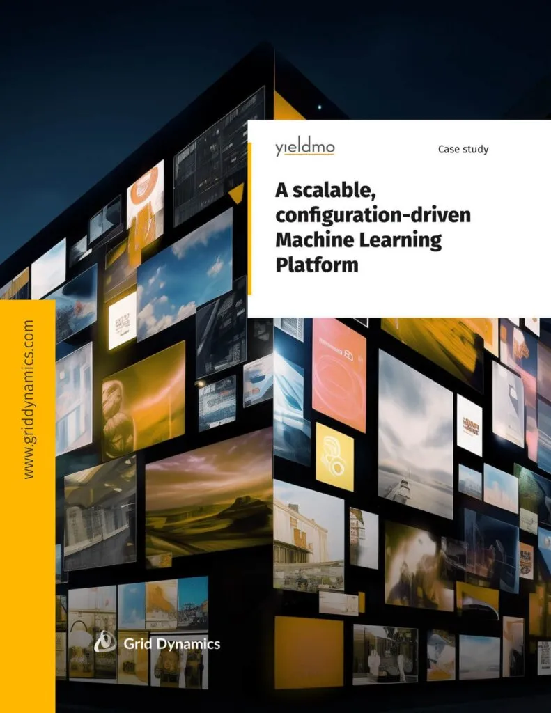 Cover page of a case study titled 'A scalable, configuration-driven Machine Learning Platform' by Yieldmo, powered by Grid Dynamics