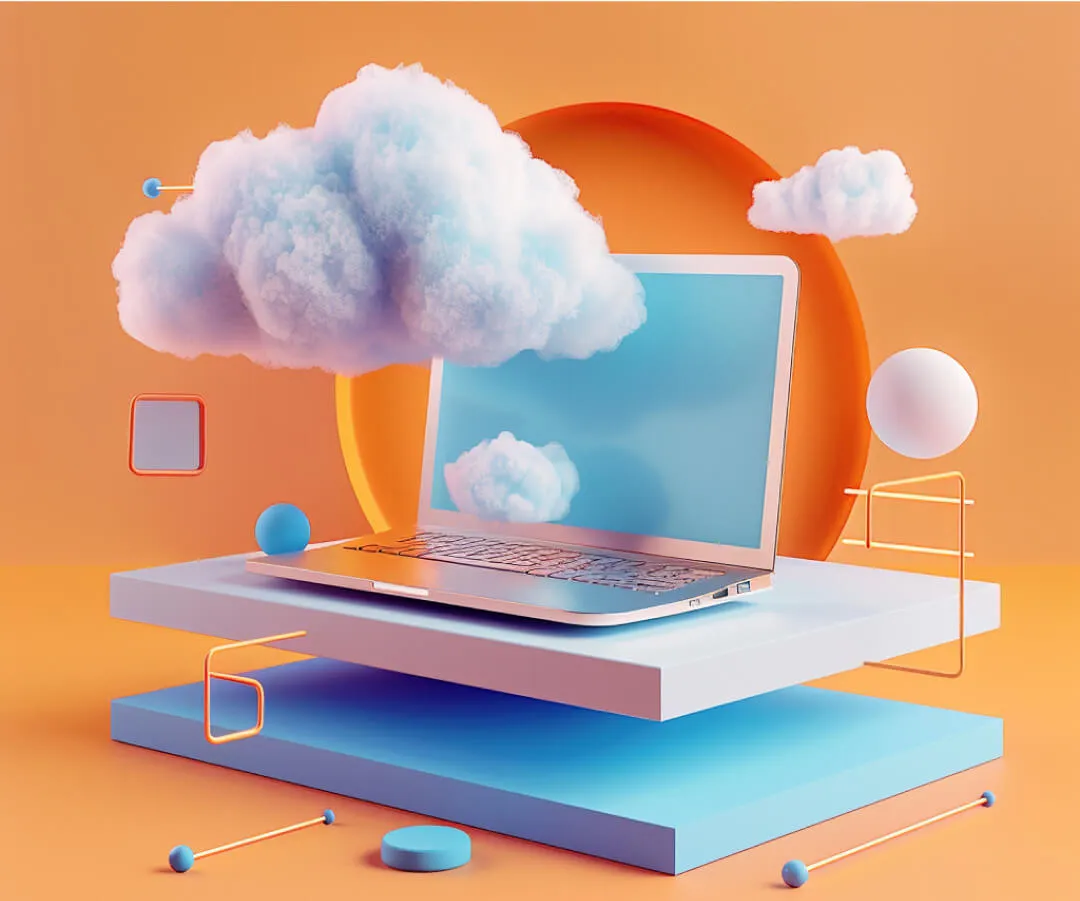 Laptop with floating clouds and geometric shapes on an orange background.