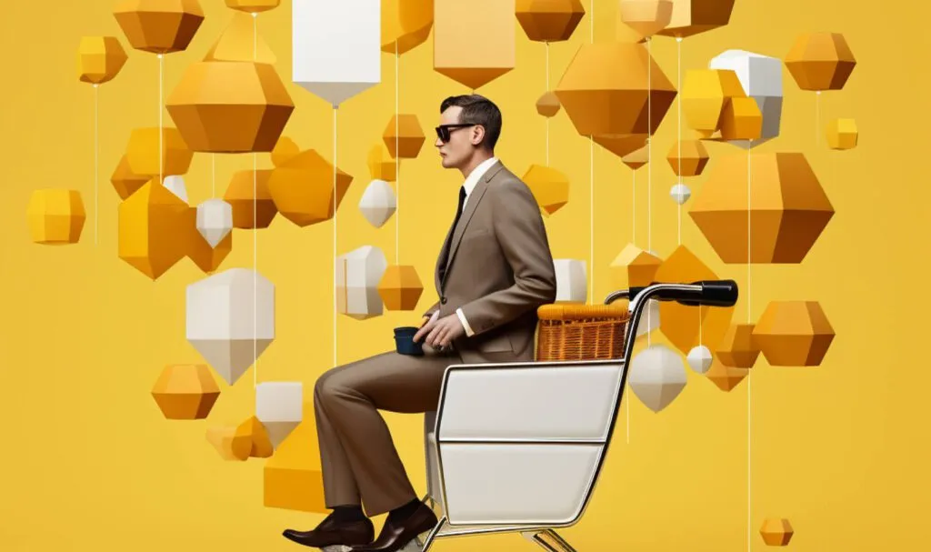 A man in a suit sits in a shopping cart surrounded by floating orange and white geometric shapes against a yellow background.