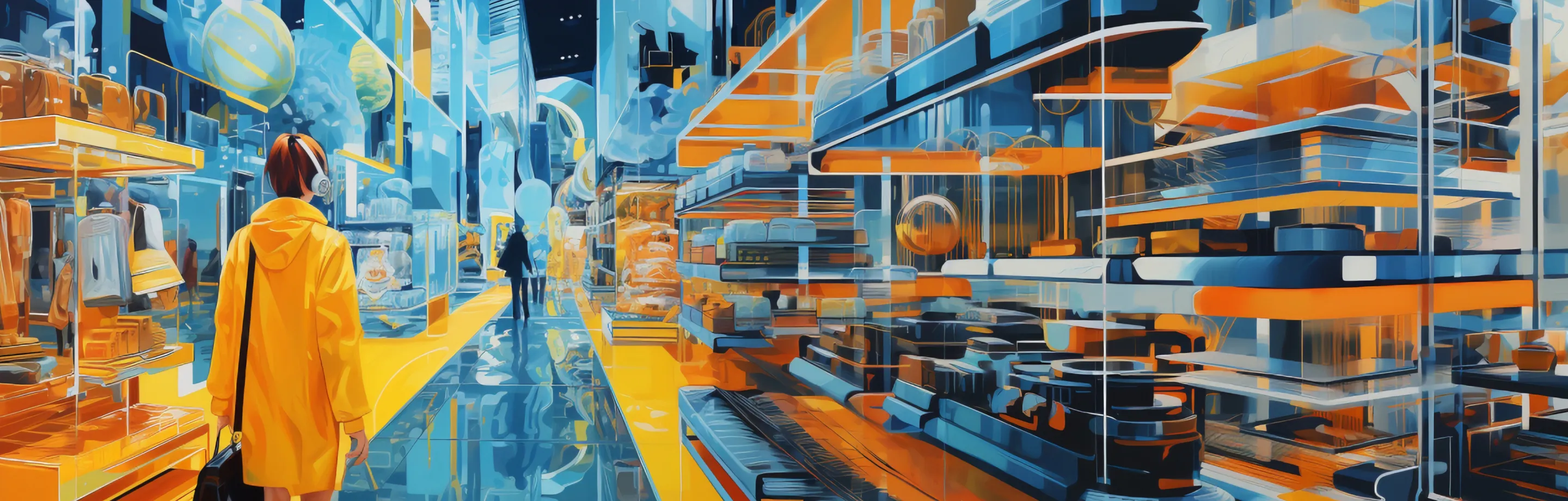 A person in a yellow coat in a futuristic shopping center
