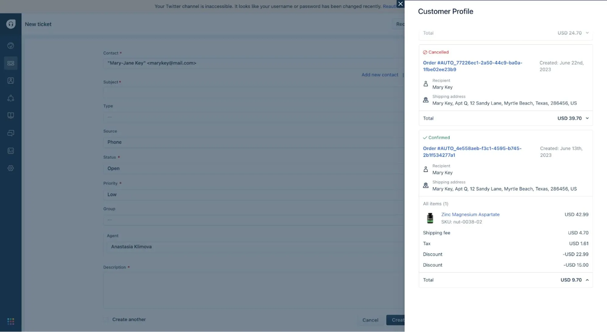 Customer profile modal with customer transactions and ticket creation form