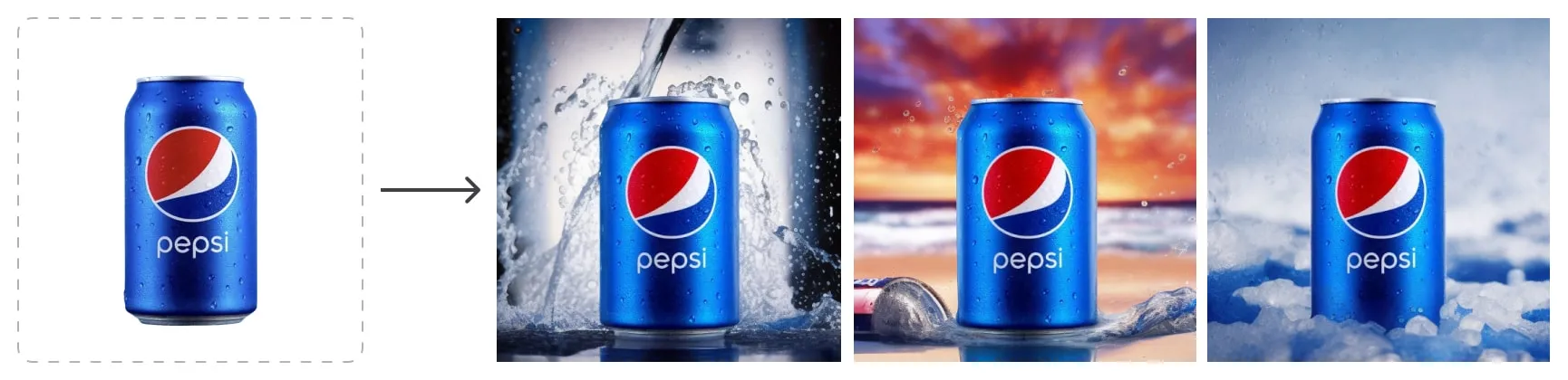A series of Pepsi cans displayed in different environments: plain, splashed with water, against a sunset beach, and in snow, showcasing the brand's versatility and refreshing appeal