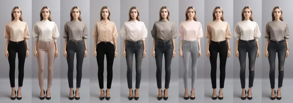 Virtual model wearing a series of different clothing items to represent virtual try-on capabilities