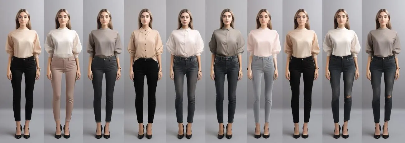 Virtual model wearing a series of different clothing items to represent virtual try-on capabilities