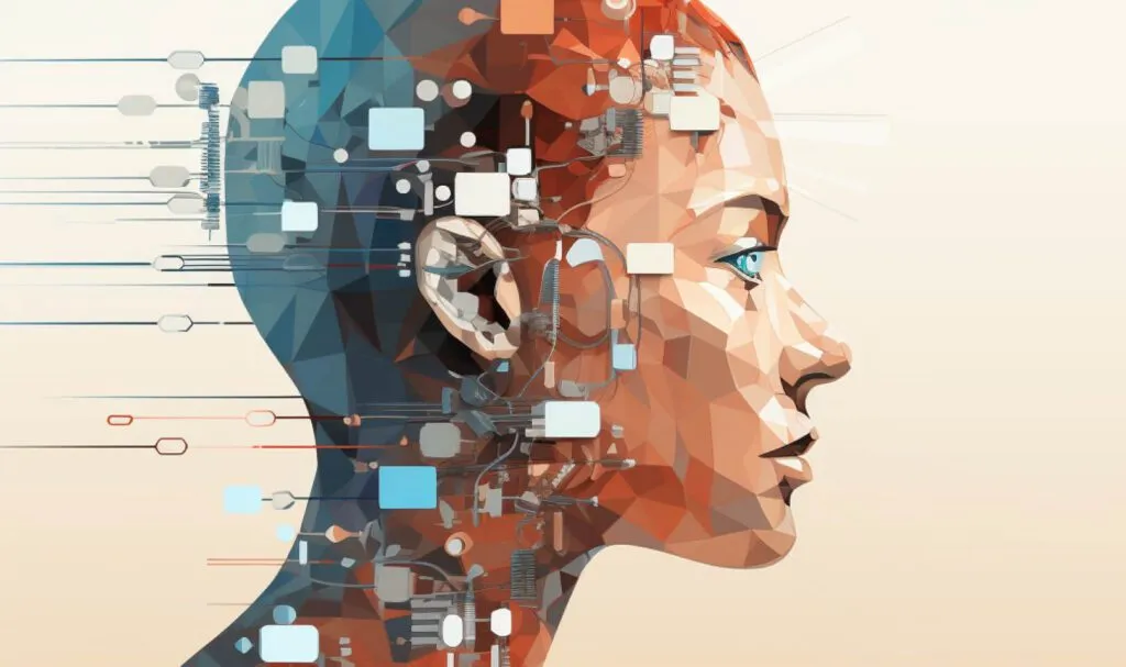 A geometric human face with connected digital and mechanical elements extending from the head.