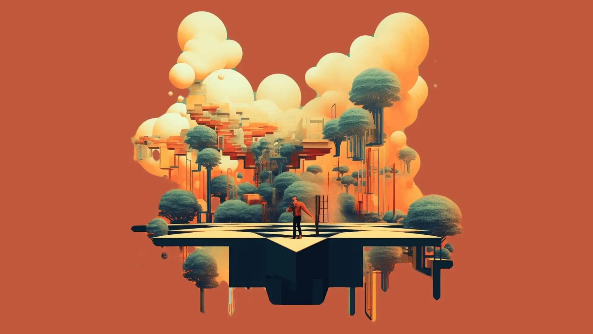 AI generated park, a person in the middle, and clouds