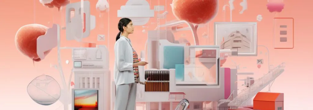 Young woman standing in a futuristic, abstract environment with various 3D objects and soft peach tones.