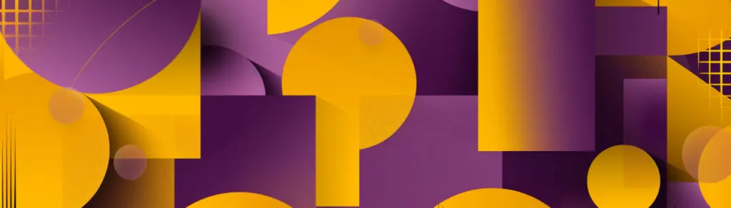 Abstract design with orange, purple, and yellow geometric shapes and gradients.