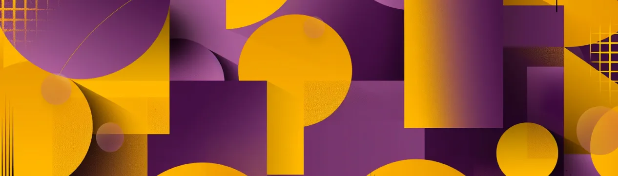 Abstract design with orange, purple, and yellow geometric shapes and gradients.