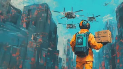 Person in orange uniform carrying a package with drones flying over a futuristic city