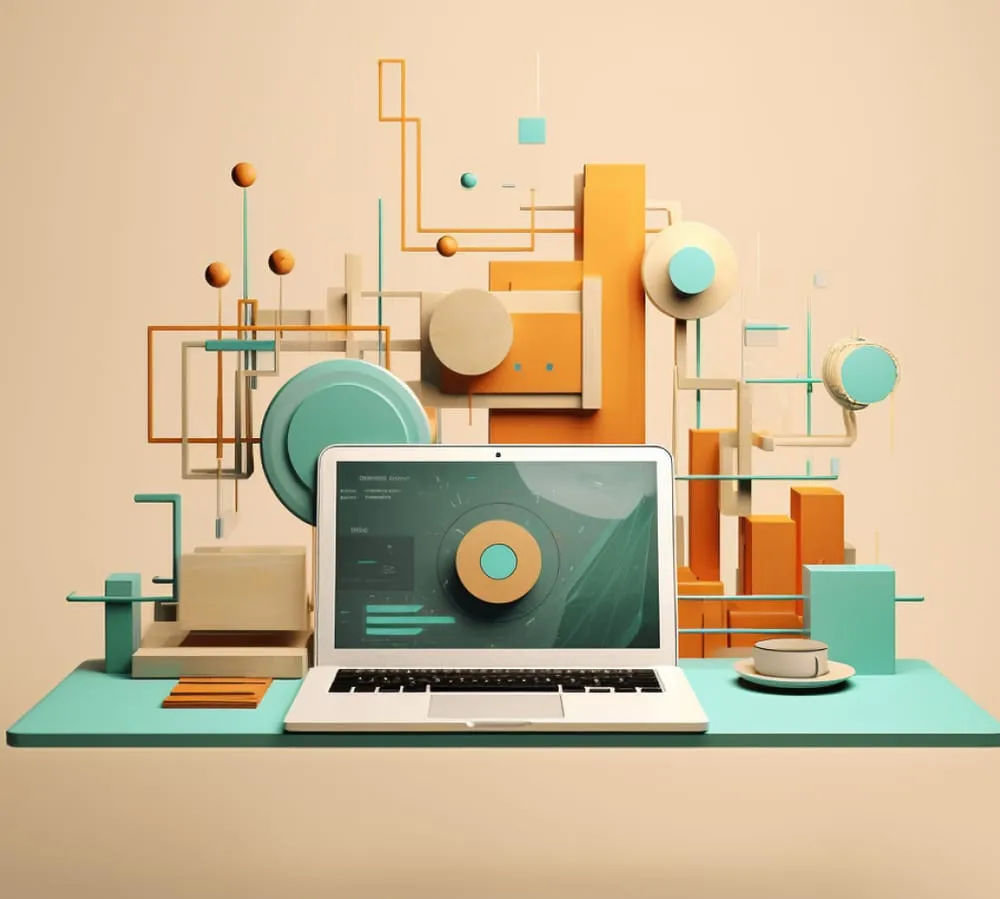 A laptop and abstract pastel shapes to illustrate focus on strategic decision-making
