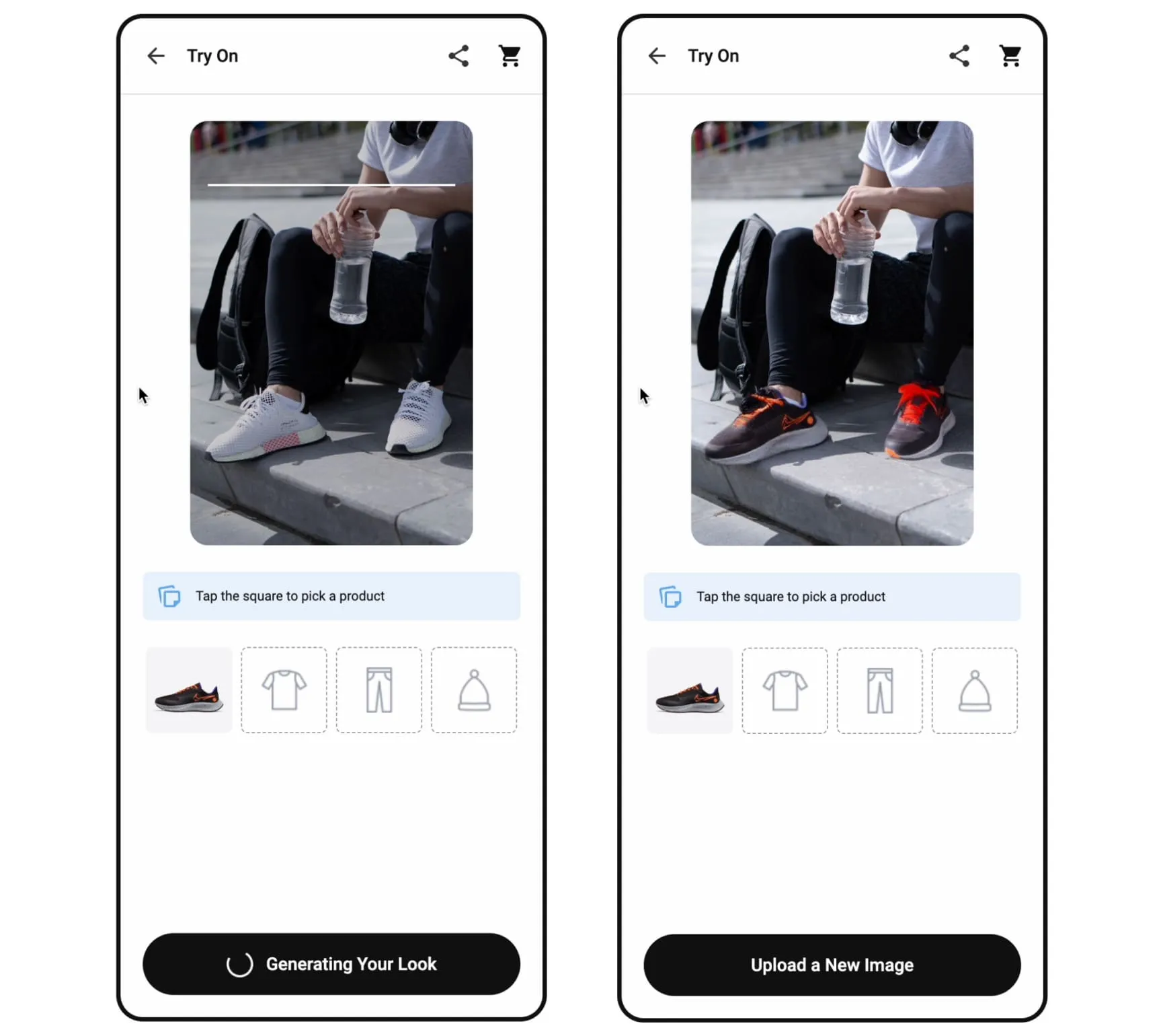 Mobile app interface displaying two screens with a person's lower body wearing different sneakers, alongside interactive product icons for clothing items.