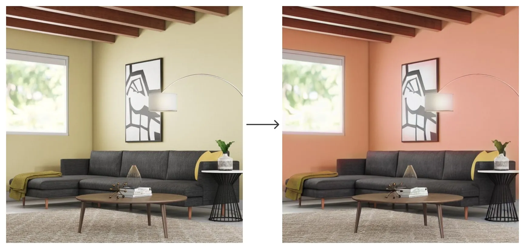 Side-by-side comparison of a living room with beige walls transformed to salmon-colored walls, demonstrating AI-powered interior design visualization.