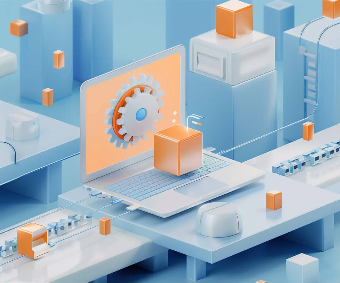 A laptop displaying a gear, with orange cubes and conveyor belts in a futuristic, digital assembly line setting.
