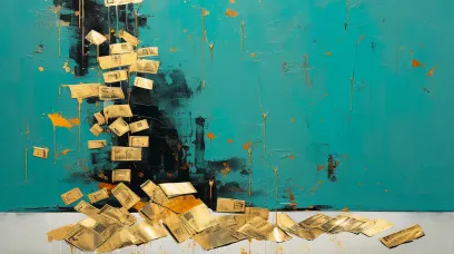 Golden banknotes floating on a teal and black background
