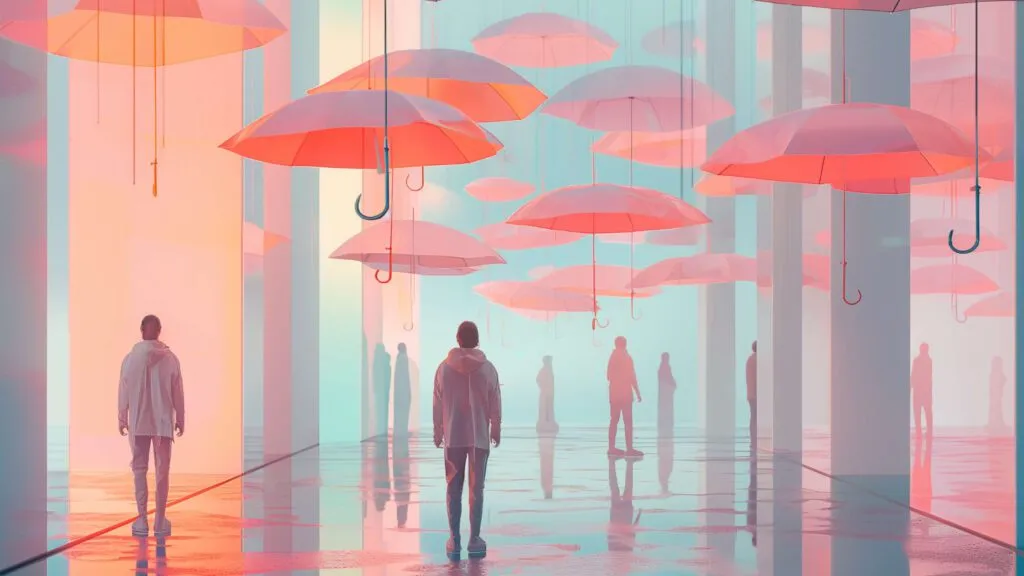 Persons wearing light color clothes under pink umbrellas