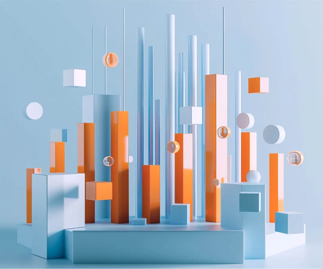 Abstract composition of vertical pillars, cubes, and spheres in orange and blue tones, arranged in a geometric pattern