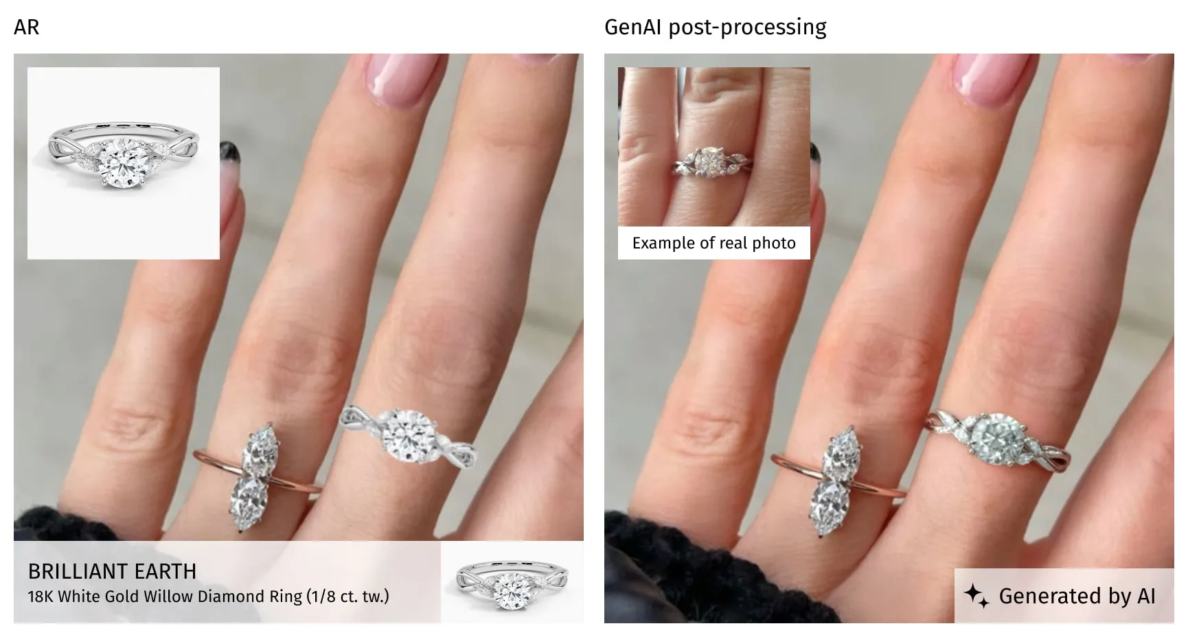Comparison of AR and AI-enhanced virtual try-on for a diamond engagement ring, showing the ring on a hand in two side-by-side images.