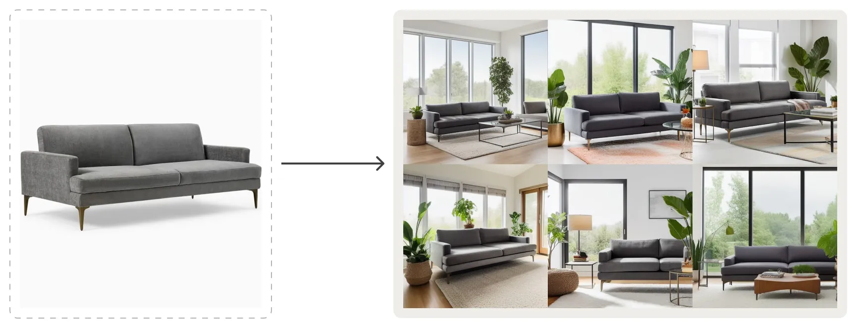 Modern gray sofa displayed in multiple stylish living room settings with large windows and complementary decor according to Generative AI prompts.