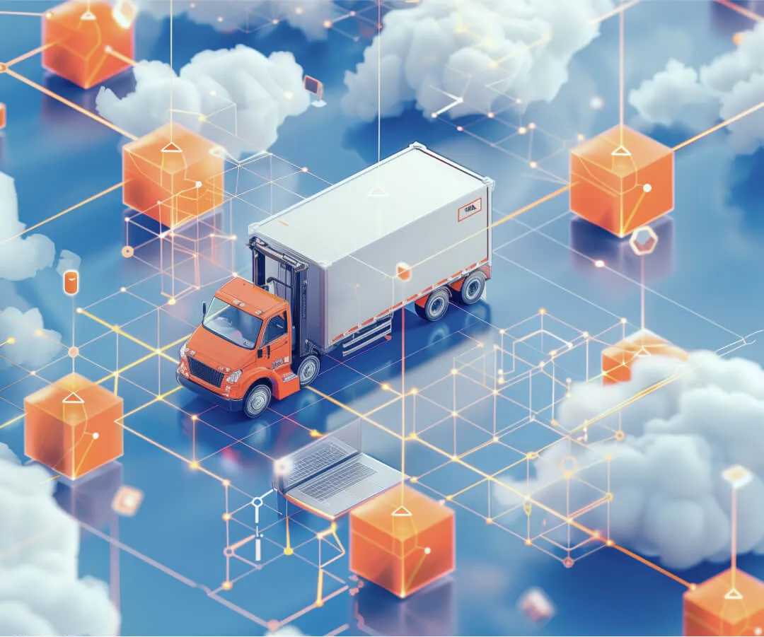 A truck surrounded by digital grids, clouds, and glowing orange cubes in a futuristic setting.