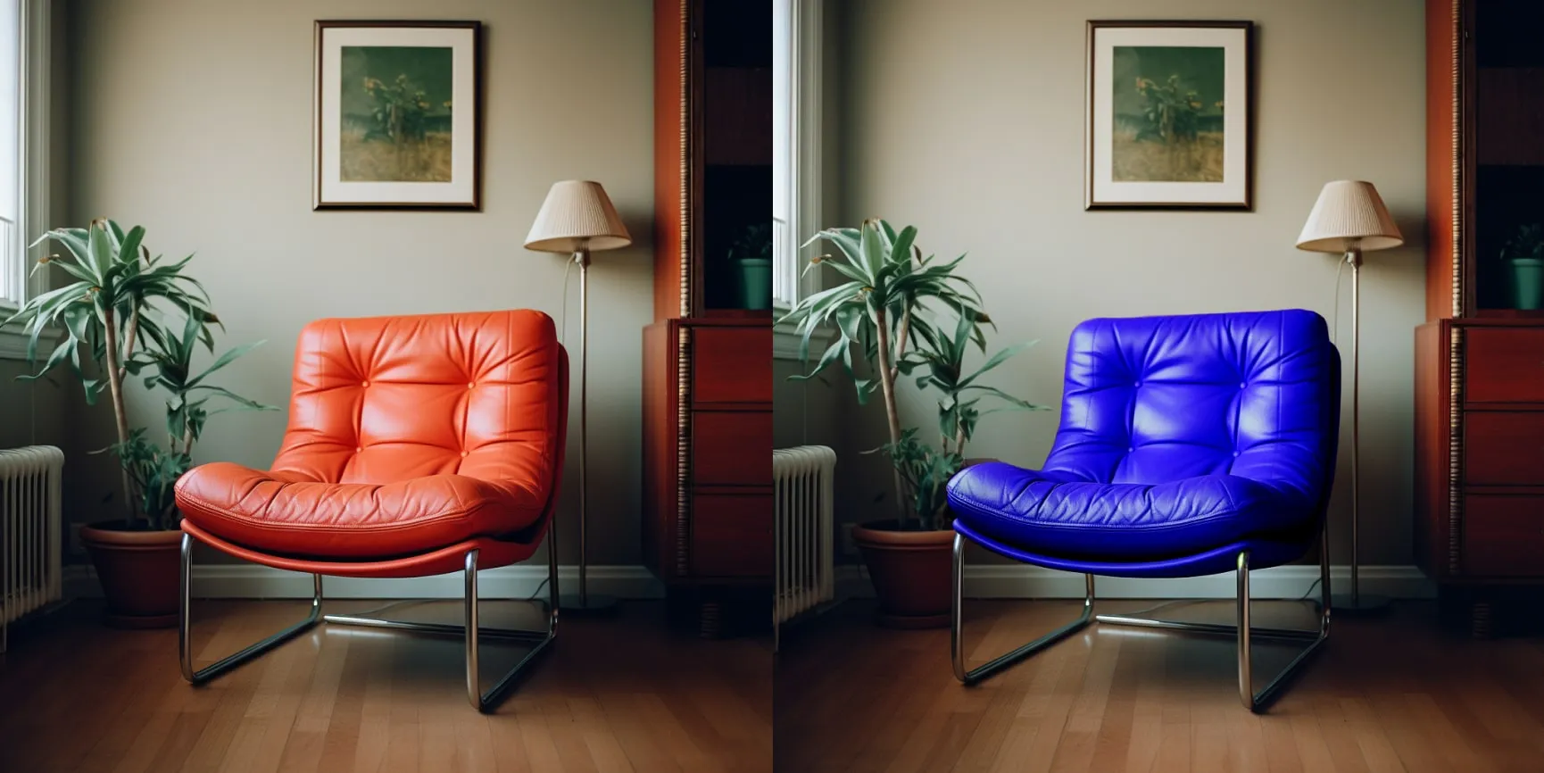 Side-by-side comparison of an identical modern chair in vibrant red and blue leather, set in a cozy living room with plants and artwork.