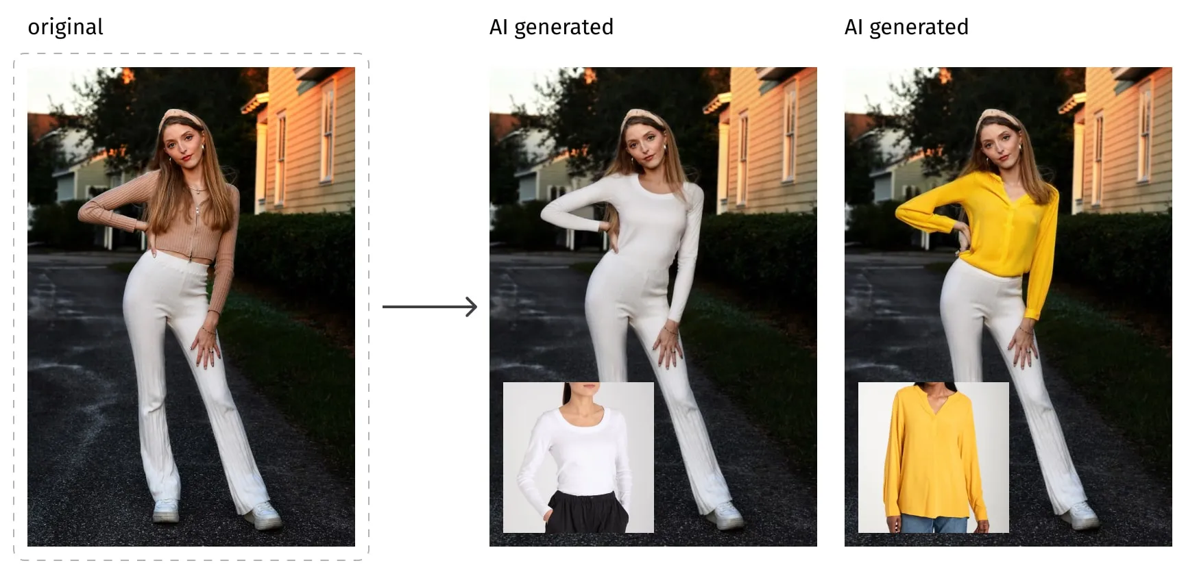 A series of photographs showcasing AI-powered virtual clothing try-on technology, featuring a woman in the same pose with her outfit digitally altered from a beige crop top to white and yellow long-sleeved tops.