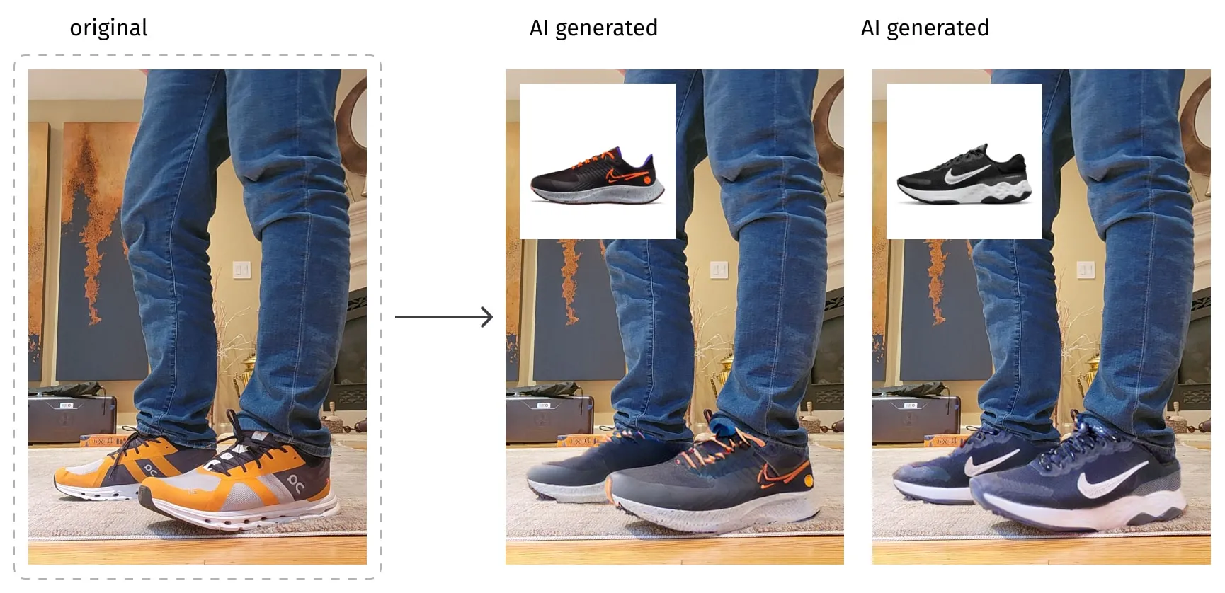 A series of three images showing a person's lower body in blue jeans, demonstrating AI-powered virtual shoe try-on. The original image features orange and black sneakers, while two AI-generated versions show the same pose with different Nike sneaker styles in navy and white colorways.