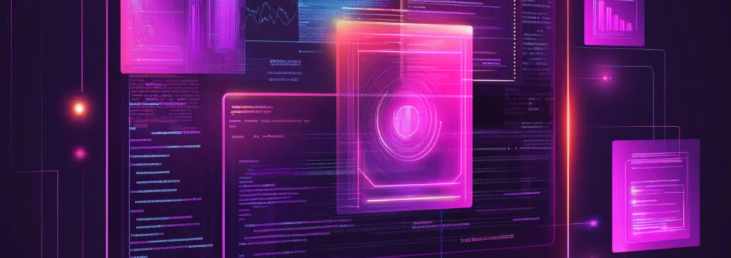 Purple background with computer screens and shield icon to represent core web vitals