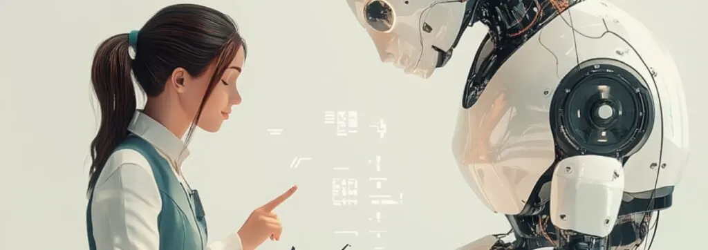 A human interacting with a robot in a futuristic setting.