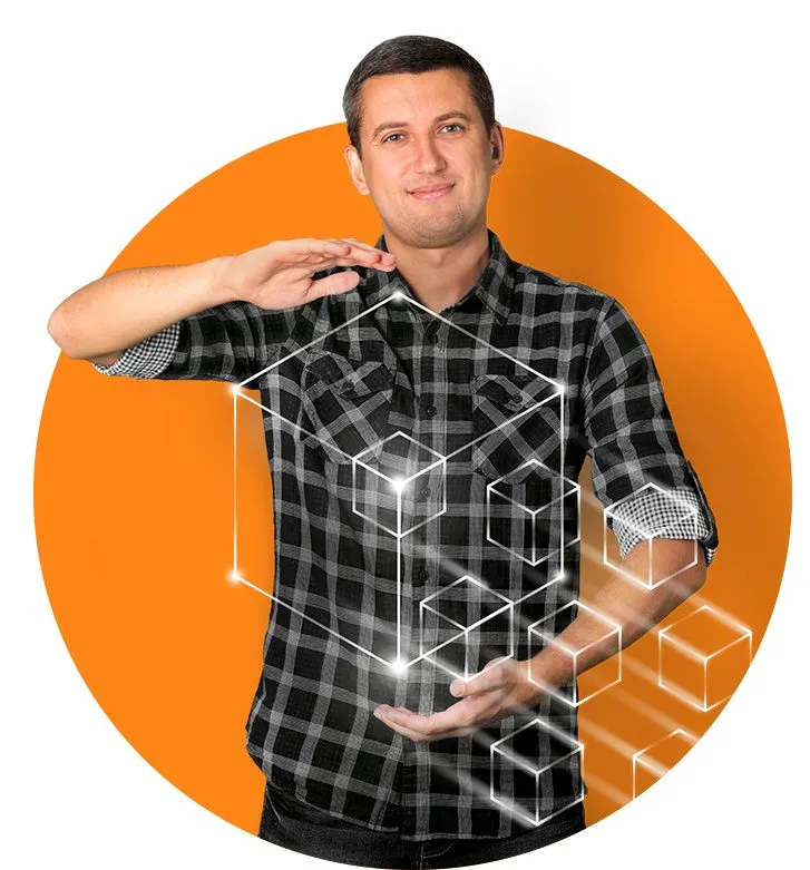 a web developer with a cube icon