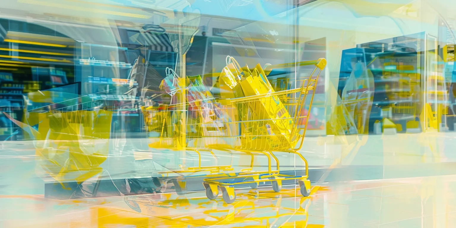yellow shopping cart filled with items in a brightly lit store, with overlapping reflections creating a layered effect
