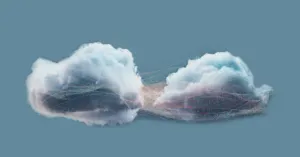 Two clouds connected by a digital, glowing network.
