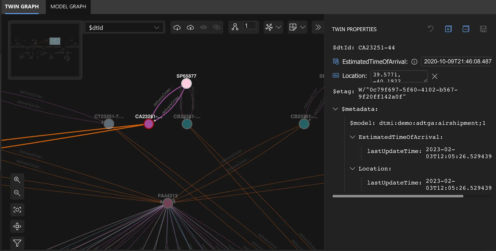 Air Shipment example in Azure Digital Twins Explorer