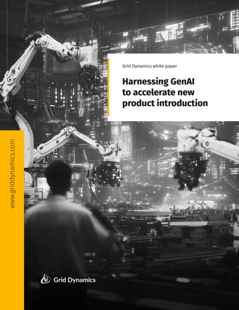 Greyscale manufacturing background with robotic arms to represent new product introduction