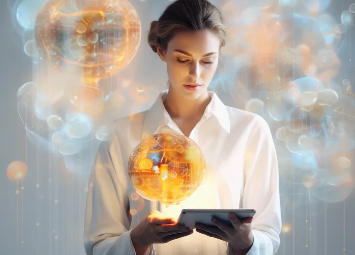 A woman wearing white dress is researching telemedicine and remote care