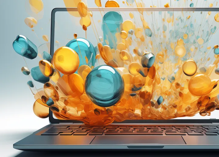 Abstract shape pills and a computer to illustrate the co-operation between healthcare professionals and AI systems