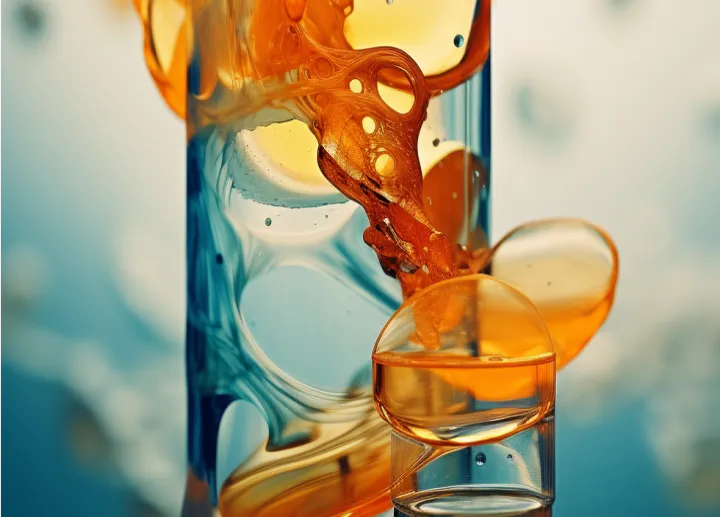 Orange liquid and glass object to explain the transformation process of drug R7D